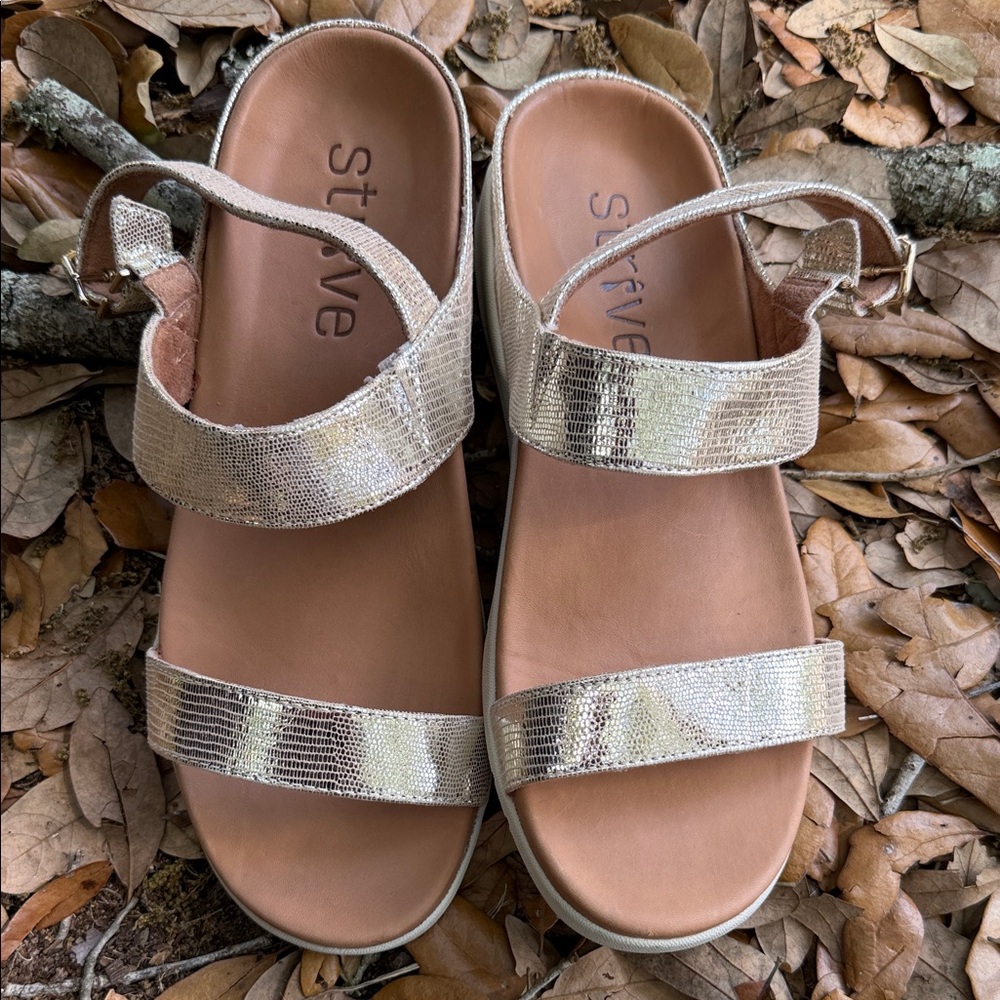 Strive Lucia Metallic Gold Strap Sandals. Size 8.5. NWOT